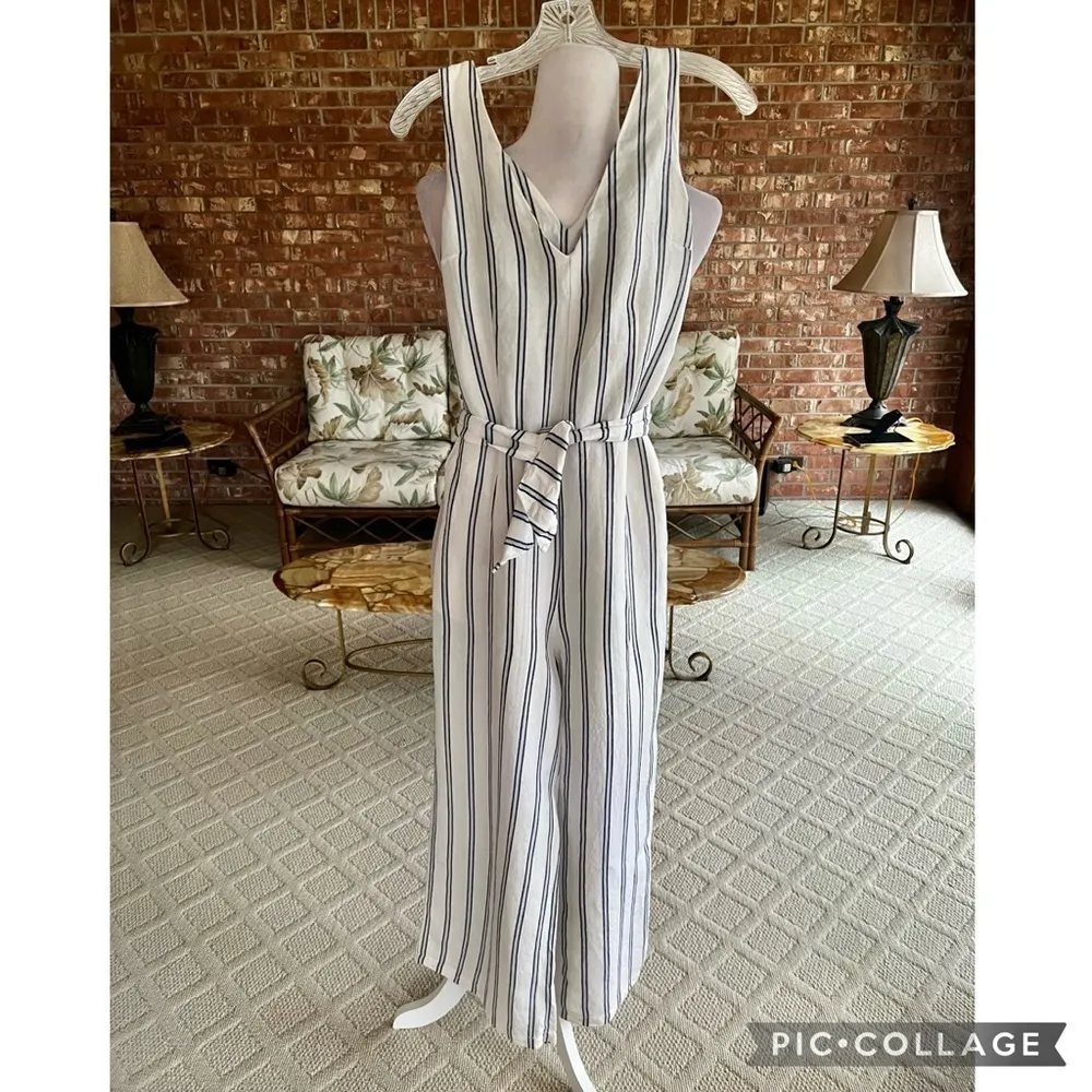 A New Day Jumpsuit Stripe Wide Leg White Cropped Linen Blend S Sleeveless Belted - Image 16