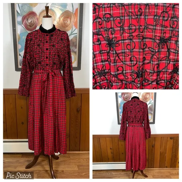 Darling Vintage 90s L.G.S. Tartan Plaid MIDI Dress! Size 16 - Image 2