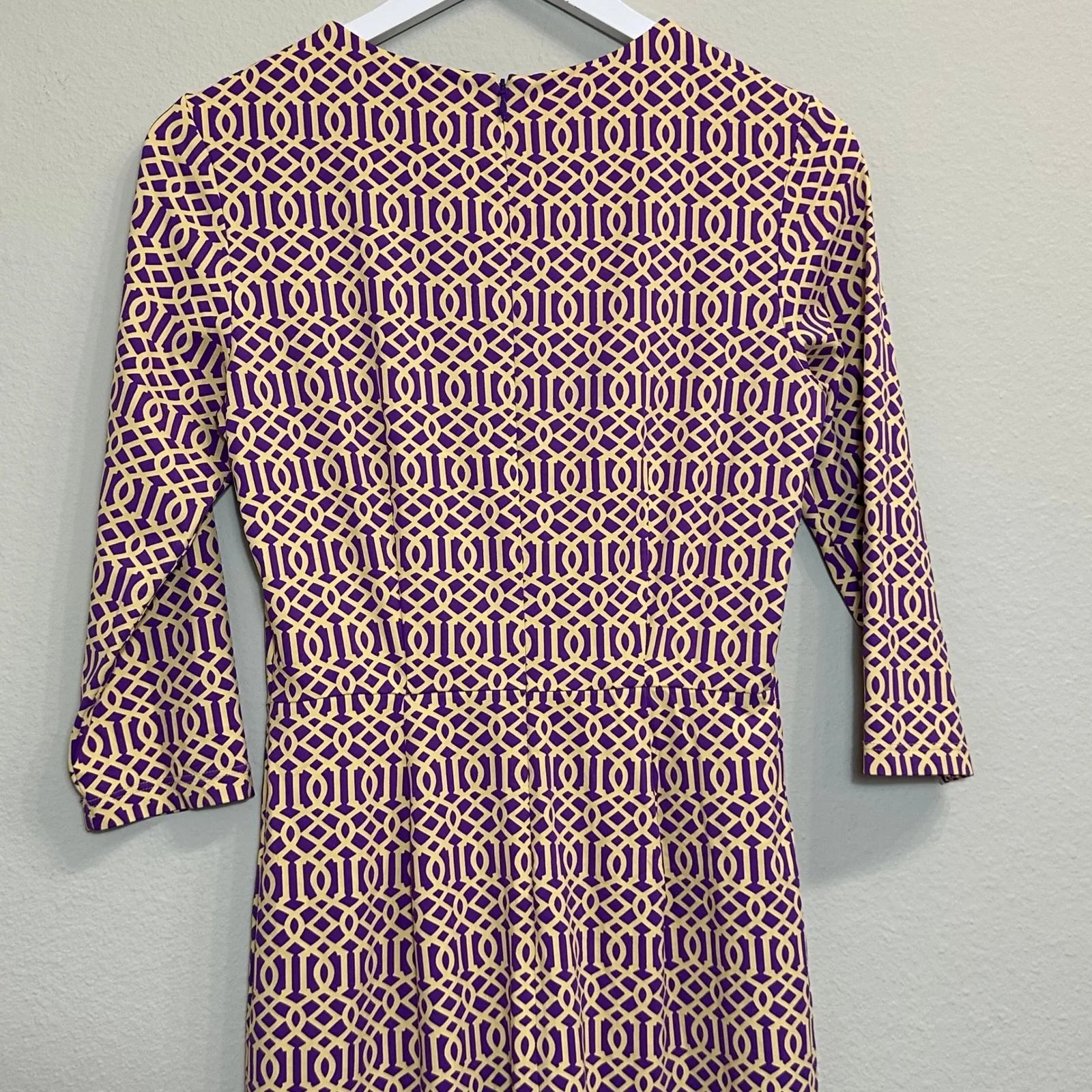 J. McLaughlin Catalina Cloth Sheath Dress 3/4 Sleeve Small Geometric PurpleCream - Image 4