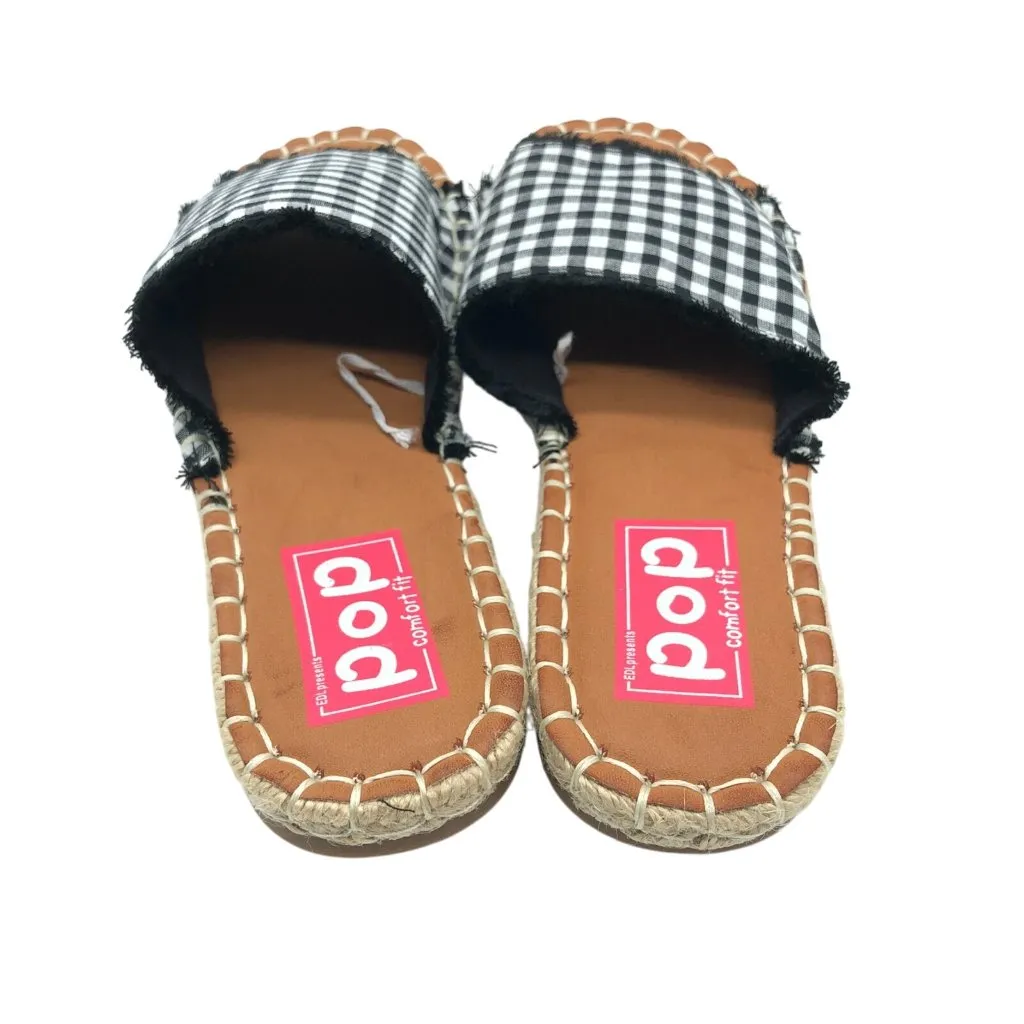 Pop Slide Sandals Comfort Fit Gingham Plaid Fringe Black White 6.5 - Image 3
