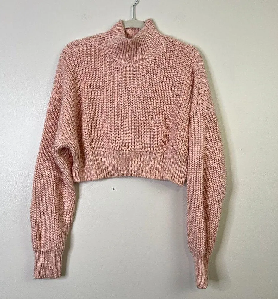 Lovers + Friends Mockneck Cropped Loose Knit Pink Long Sleeve Wool Blend Sweater - Image 3