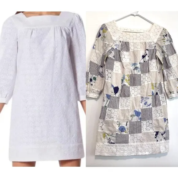 THREAD SOCIAL White Blue Patchwork Striped Floral Seersucker Eyelet Cotton Dress Size 6 - Image 2