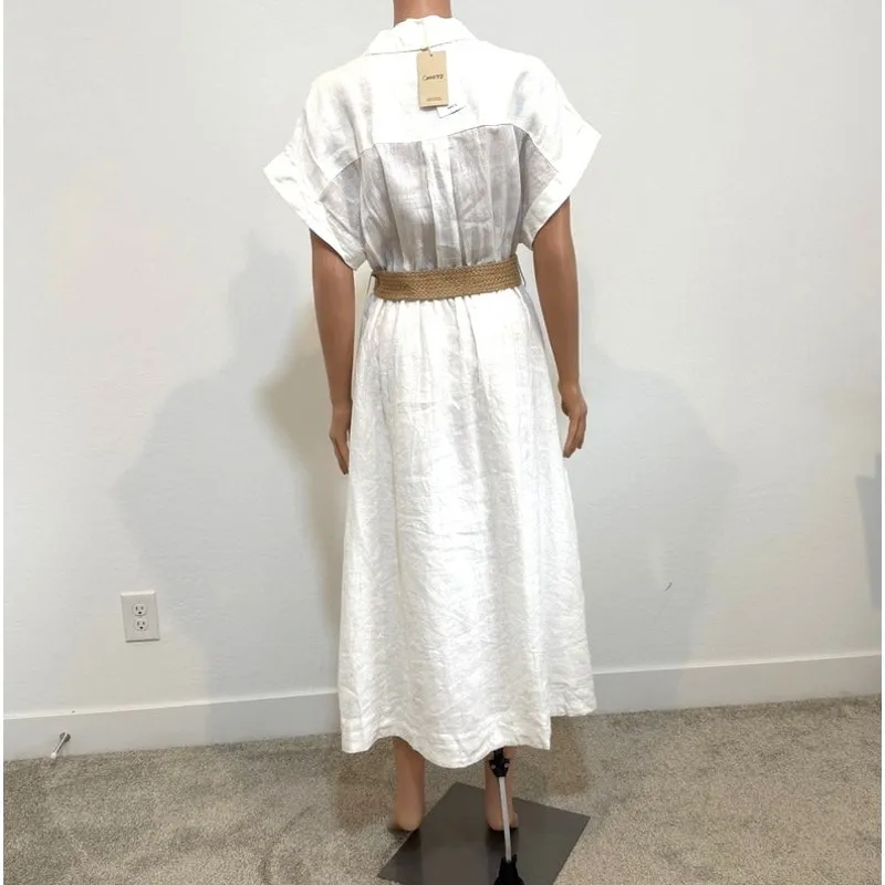 MNG medium Laia linen cap sleeve belted shirt midi dress D1 3066 White - Image 7