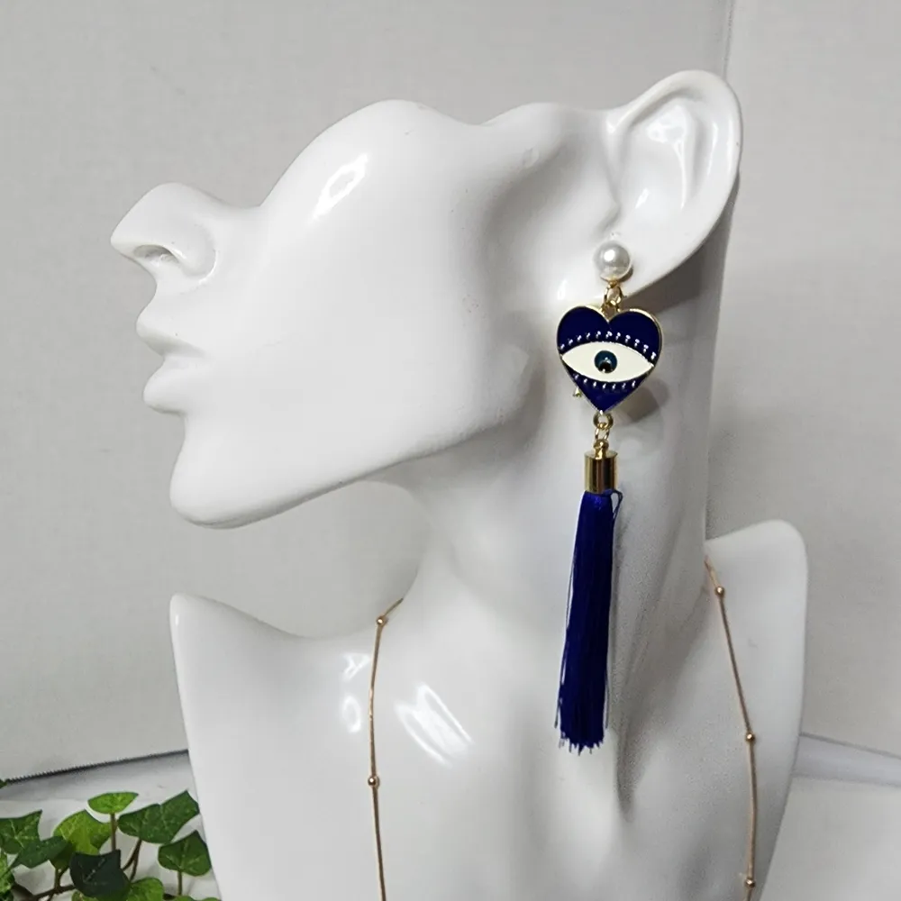 Navy Blue Evil Eye Tassel Earrings - Image 4