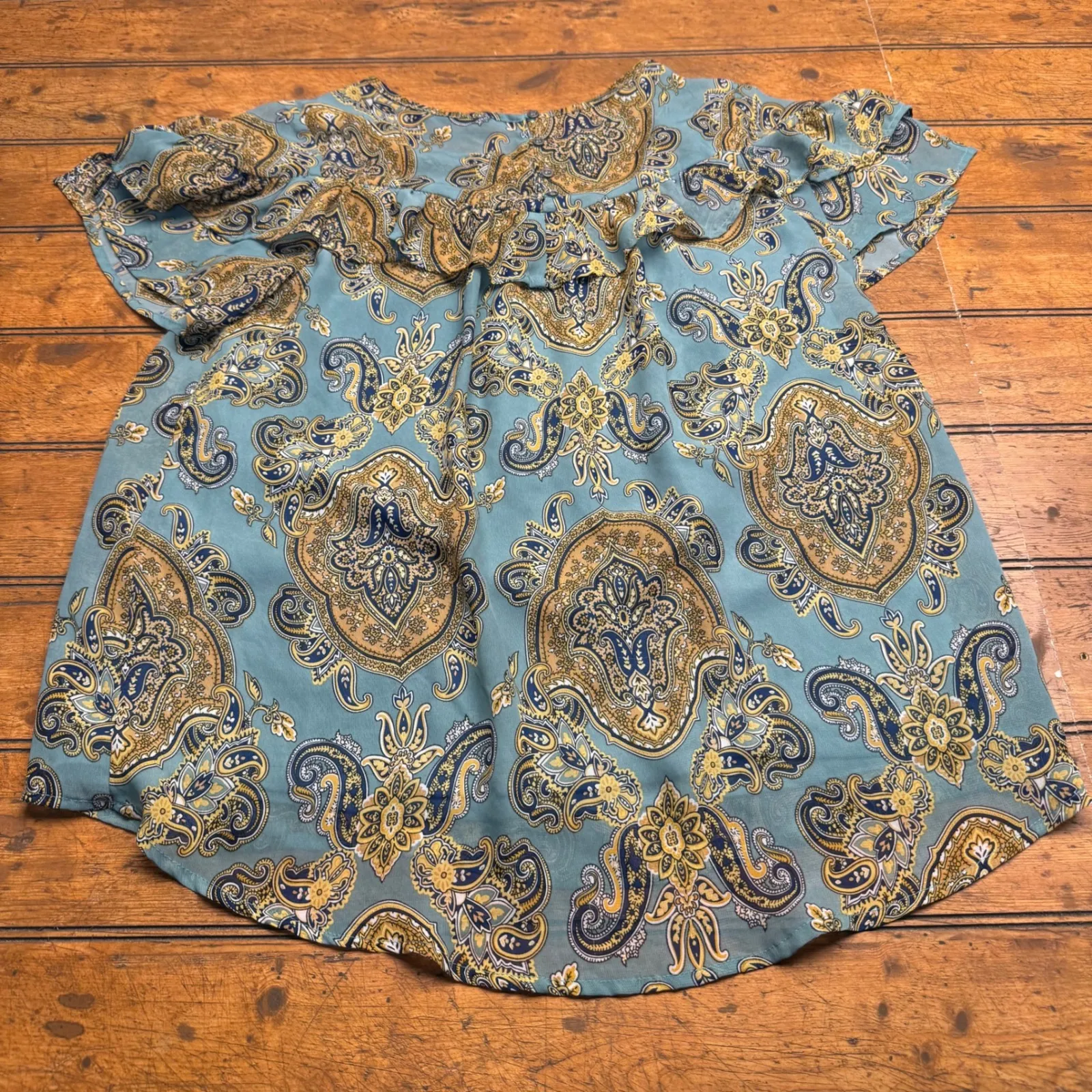 Doe Rae Blue Paisley Ruffle Blouse Short Sleeve Top Women's Size S - Image 4