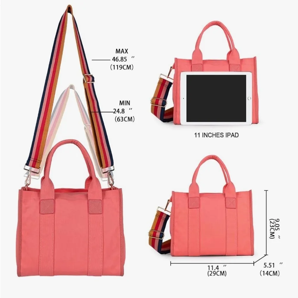 Coral Tote Bag with Multicolor Strap Pink - Image 2