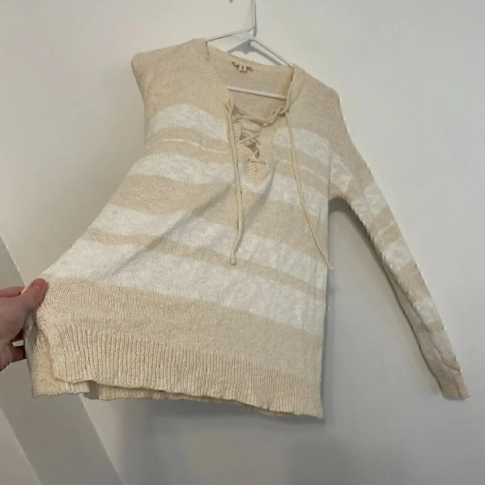 HEM & THREAD ALTAR'D STATE Cream White Striped Lace Up Knit Pullover Sweatshirt - Image 10