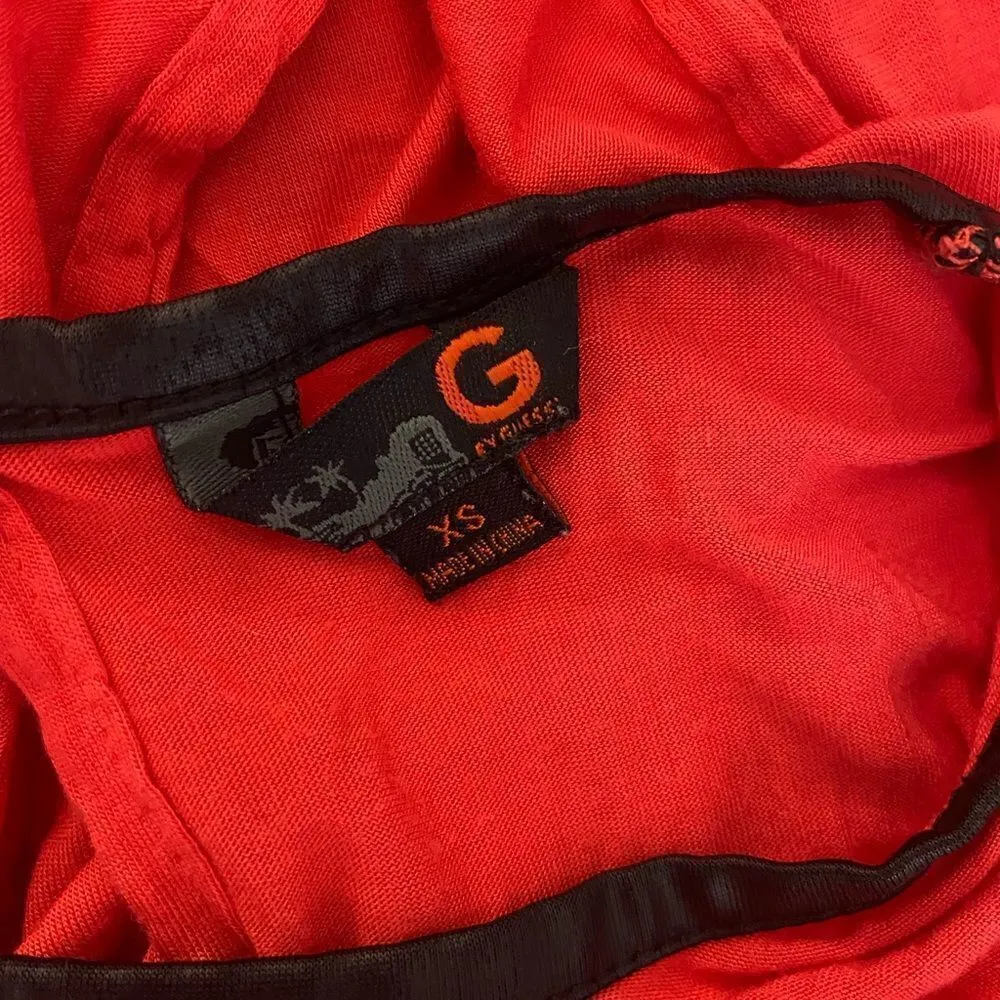 G by Guess Red Sleeveless Draped Front Blouse XS – Open Front Top with Black Tri - Image 4
