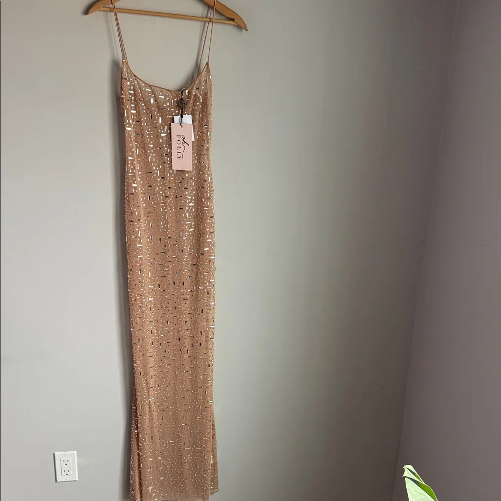 NEW Oh Polly Antonella Sheer Embellished Scoop Neck Evening Gown in Almond 6 - Image 2