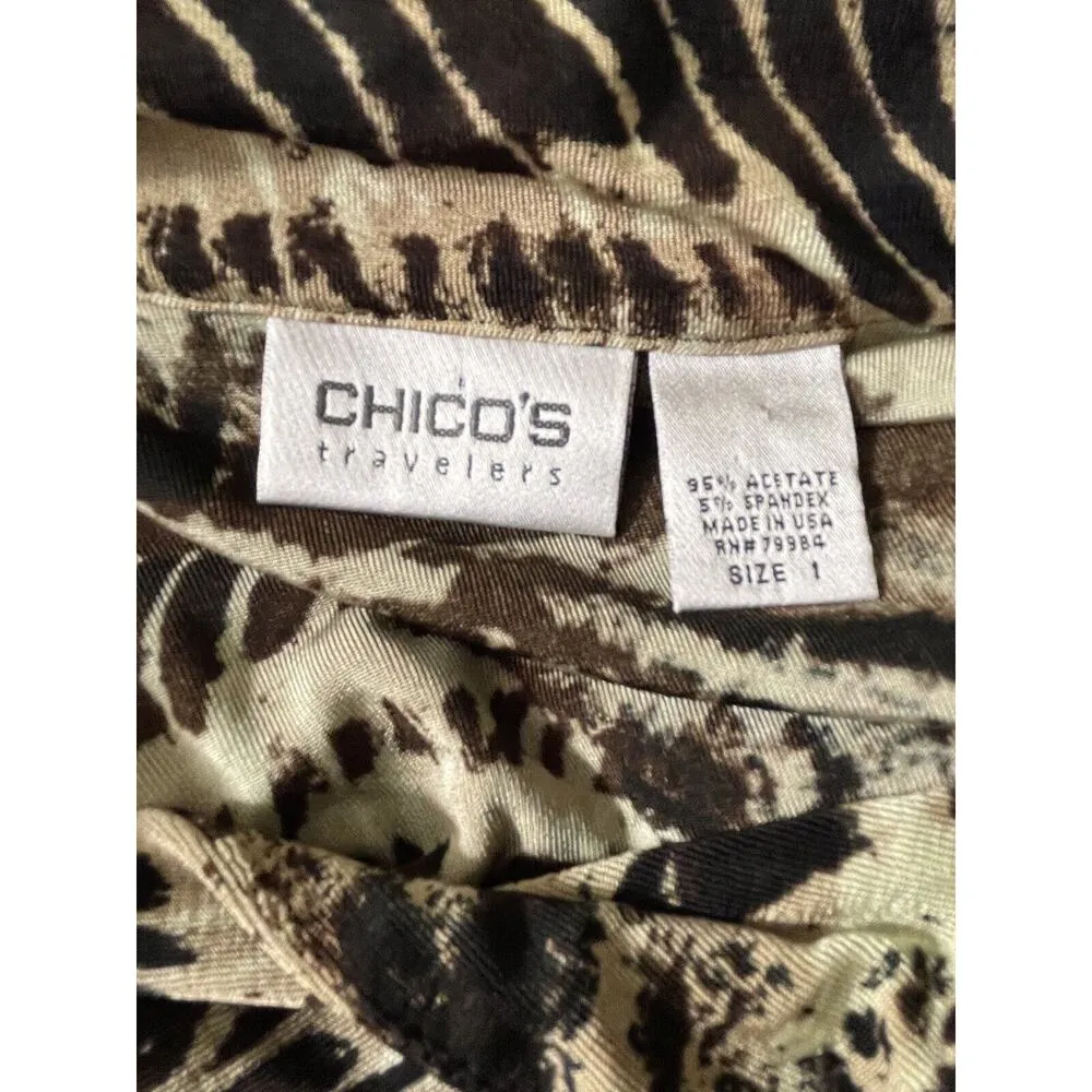 Chico's Travelers Button Front Blouse Tunic Size 1 US 8 Animal Print Brown Black - Image 5