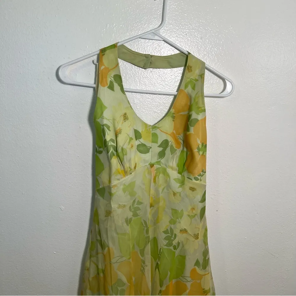 Vintage Union Made Halter Dress Green Yellow Floral Size 4 - Image 2