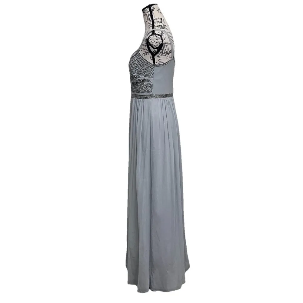 Adrianna Papell Beaded Silver Maxi Formal Dress 4 Evening Gown Prom Wedding Gala - Image 4