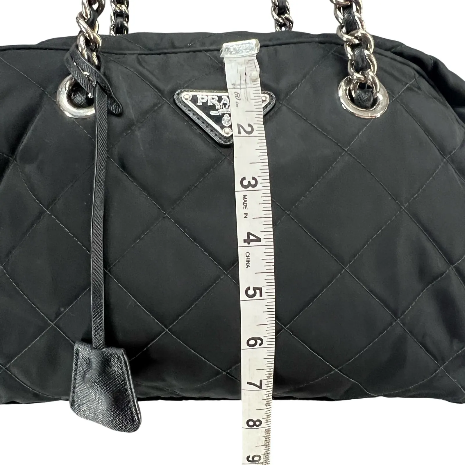 Prada Tessuto Impuntu Shoulder Bag Black Quilted Nylon Chain Leather Strap - Image 9