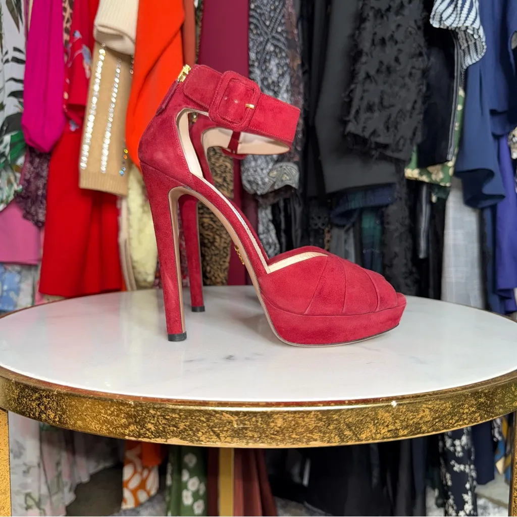 Prada Suede Peep Toe High Heel Sandals with Platform in Wine Red - Image 5