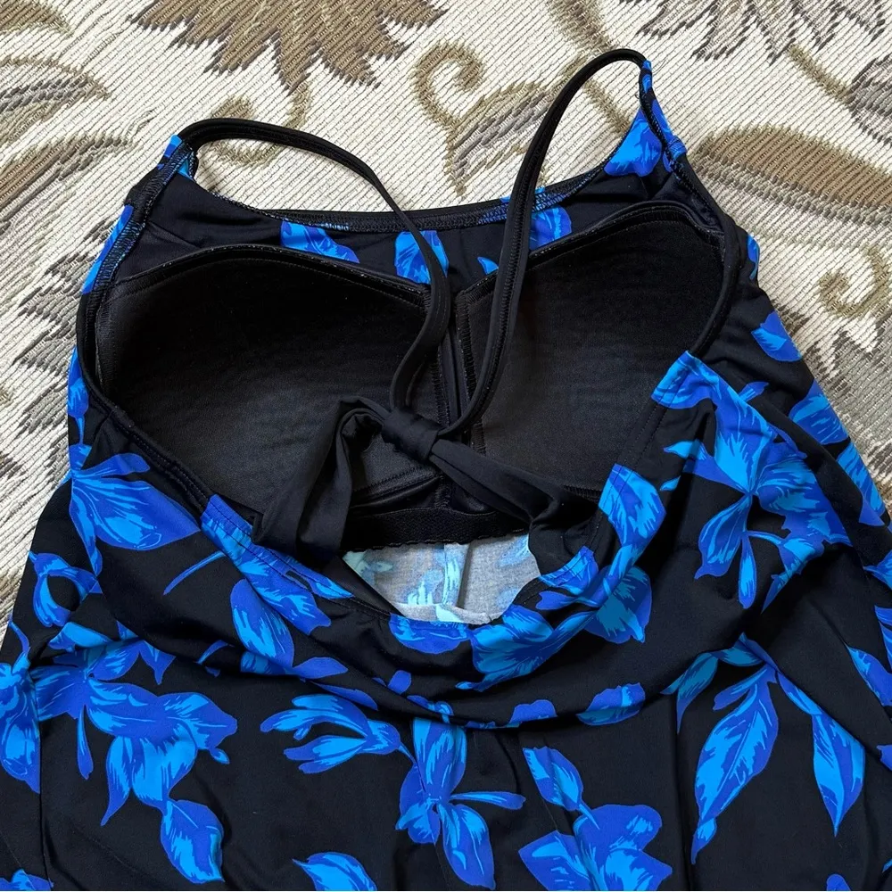 Lands End Tankini Top Swimsuit Swim Blousy Tropical Floral 10 Blue - Image 3