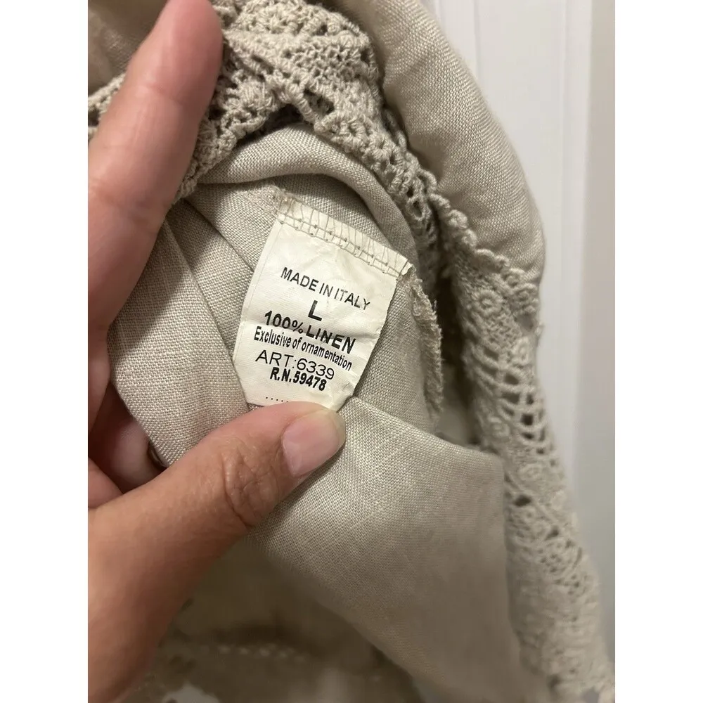 Rosemarine Beige Tan Linen Shift Tunic Dress Sand Italy Lace Size Large Crochet - Image 3