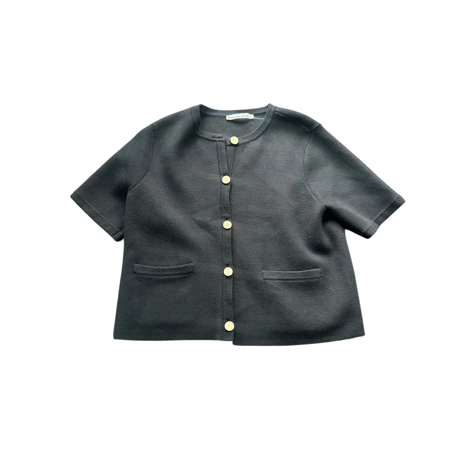 Abercrombie & Fitch Black Knit Cardigan Gold Button Short Sleeve Womens S - Image 2