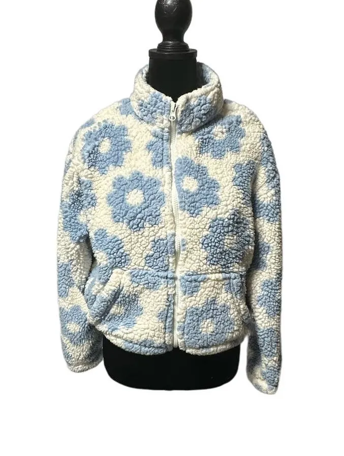 Pacsun Cream Fleece with Light Blue Flowers size‎ XS - Image 1