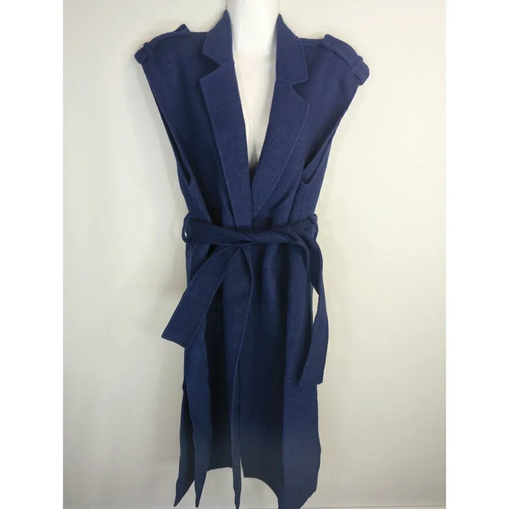 Sandro Paris Blue‎ Wool Belted Vest Long Coat Outdoor Topper Layer Size 8 - Image 4