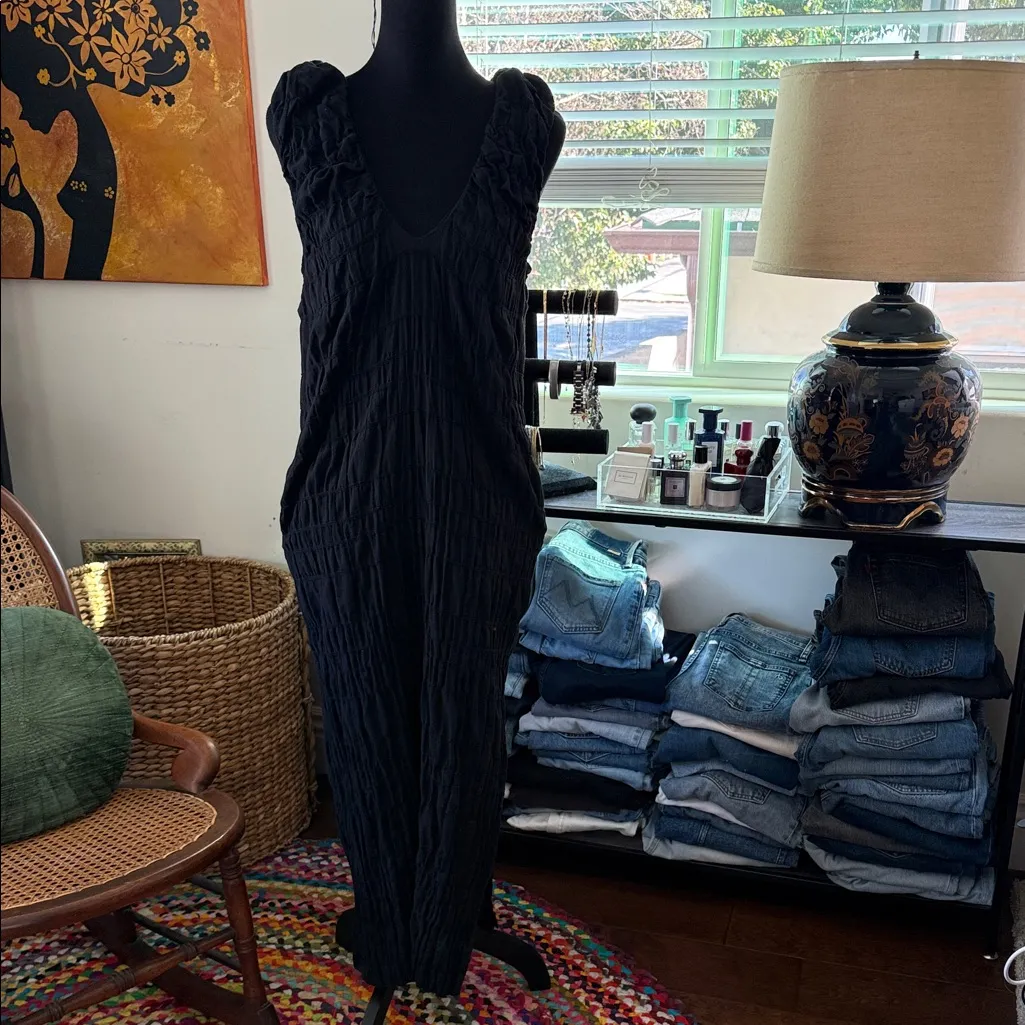 Free People Black Agatha Crinkle Cotton Side Slit Midi Maxi Dress - Image 3