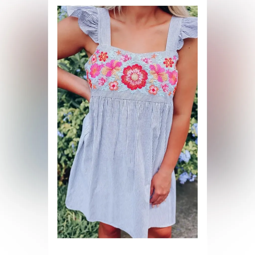 Savanna Jane White Striped Ruffled Dress Floral Embroidery Red Yellow Orange Pink Size L - Image 7