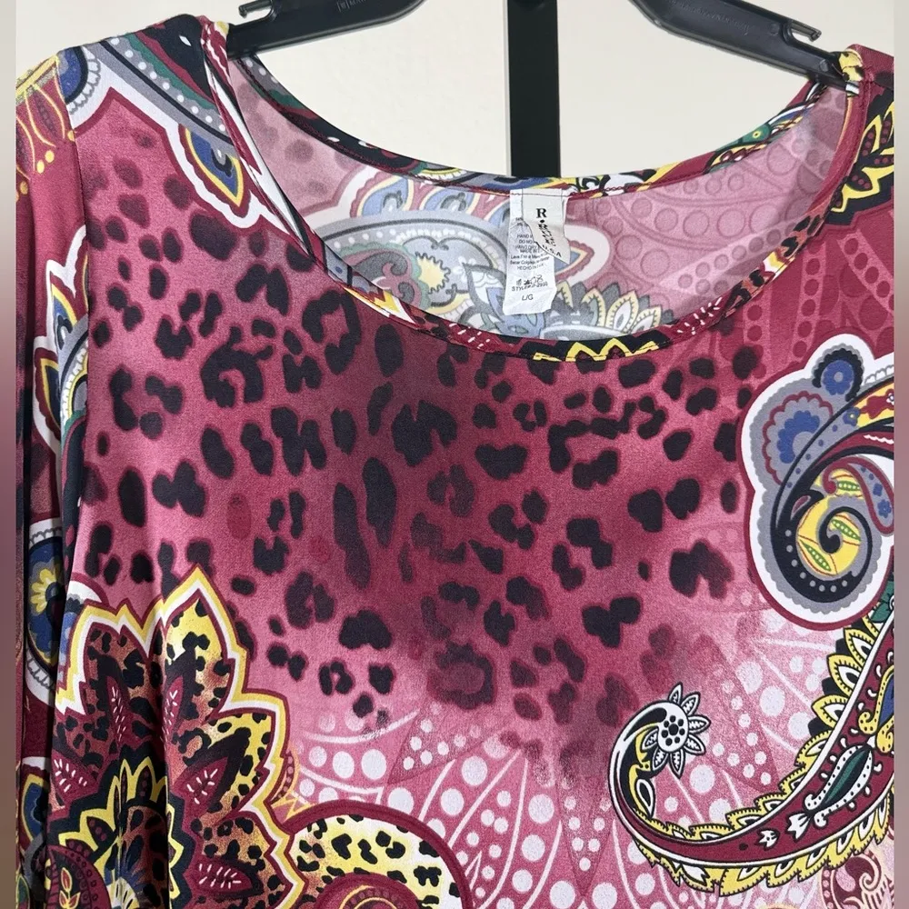 Boho Paisley Leopard Print Swing Dress Large Flowy Bell Sleeve Retro Chic Tunic Red - Image 8