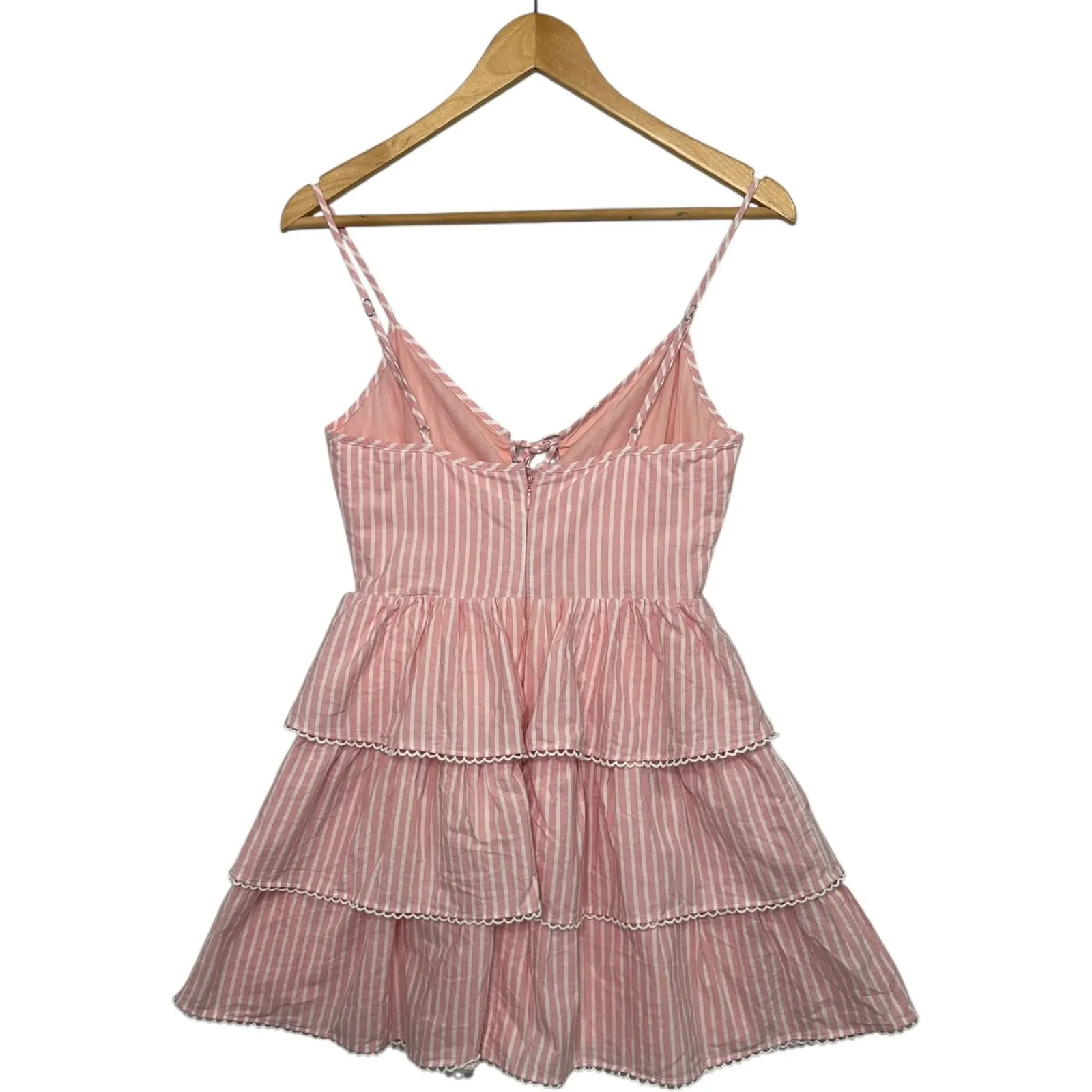 Lovers Friends Mini Dress Womens XS Pink White Striped Tiered Lace Up Coquette - Image 8