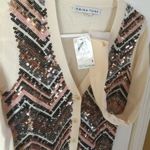 Trina Turk women's petite P sequined embellished merino wool button up cardigan - Image 2