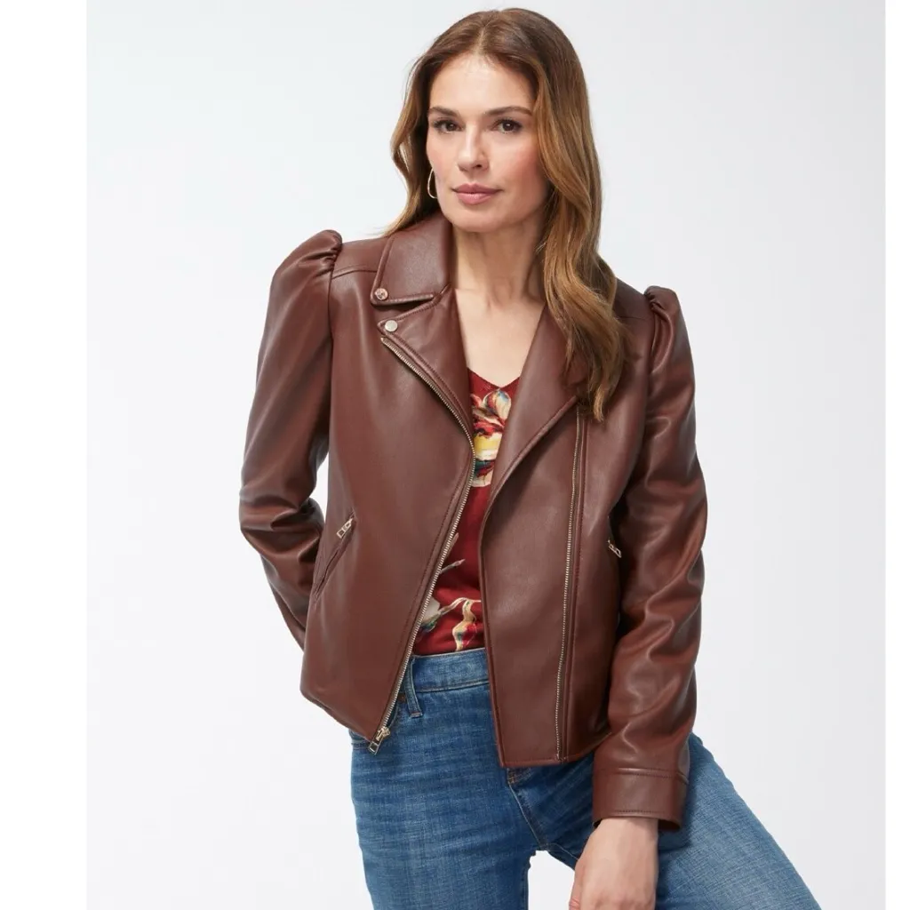 NWOT CHICO’s Faux Leather Cropped Moto Jacket In Chocolate Brown - Image 2