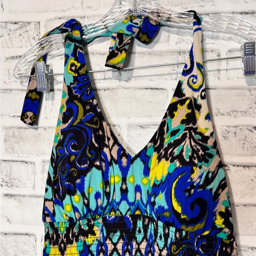 Bisou Bisou Blue and Green Patterned Maxi Dress halter style neckline size 8‎ - Image 4