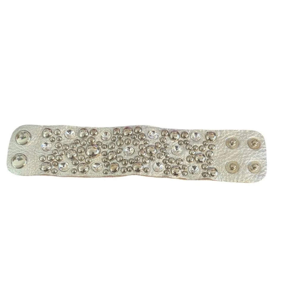 Silver Metallic Rhinestone Studded Statement Leather Cuff Bracelet Snap 8" - Image 3