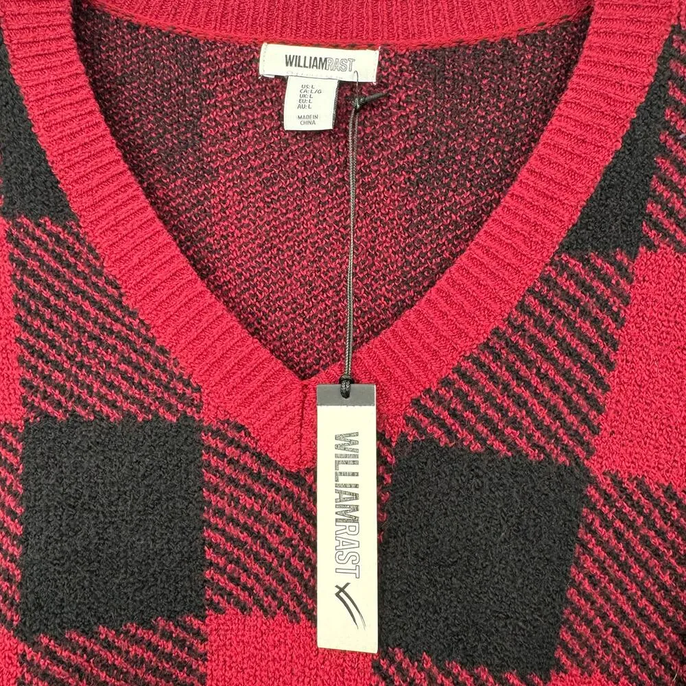 William Rast sweater V neck pullover buffalo plaid red black large NEW - Image 5