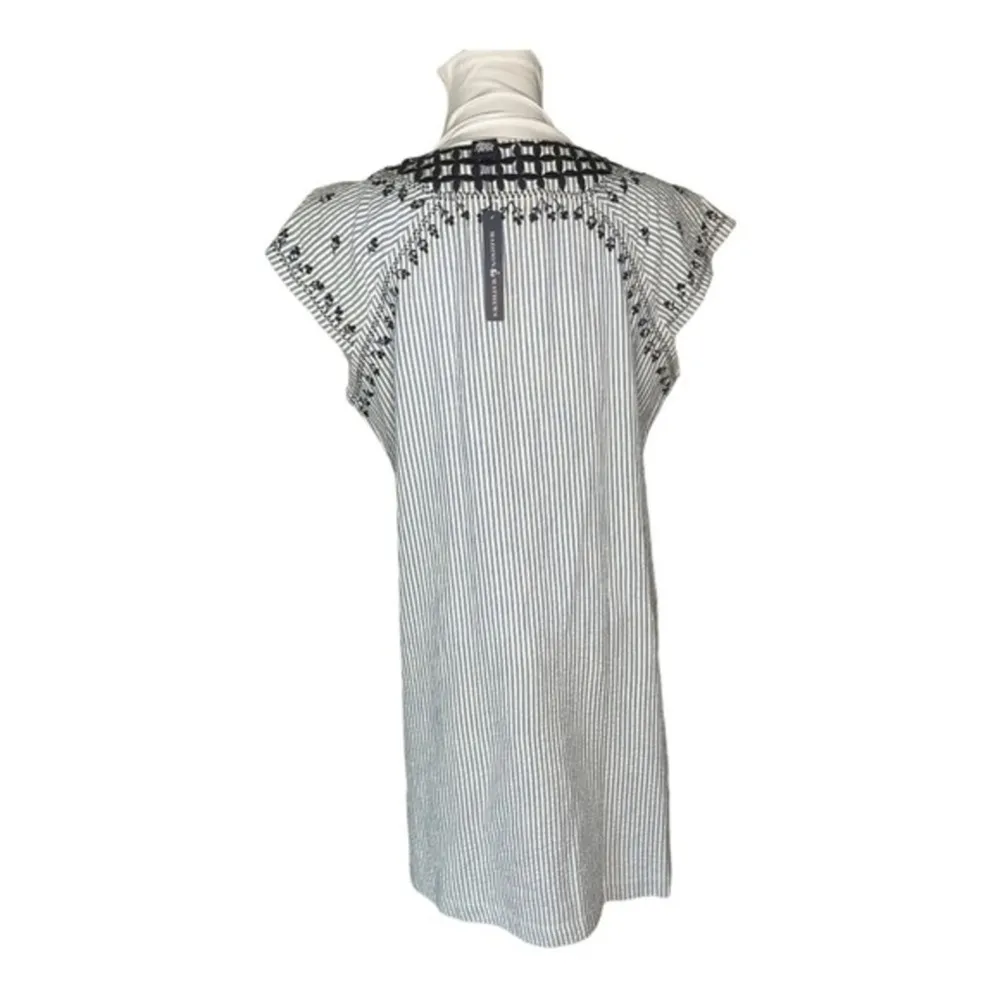 Madison Mathews Seersucker Embroidered Blue Striped Popover Dress Size M NWT Size M - Image 2