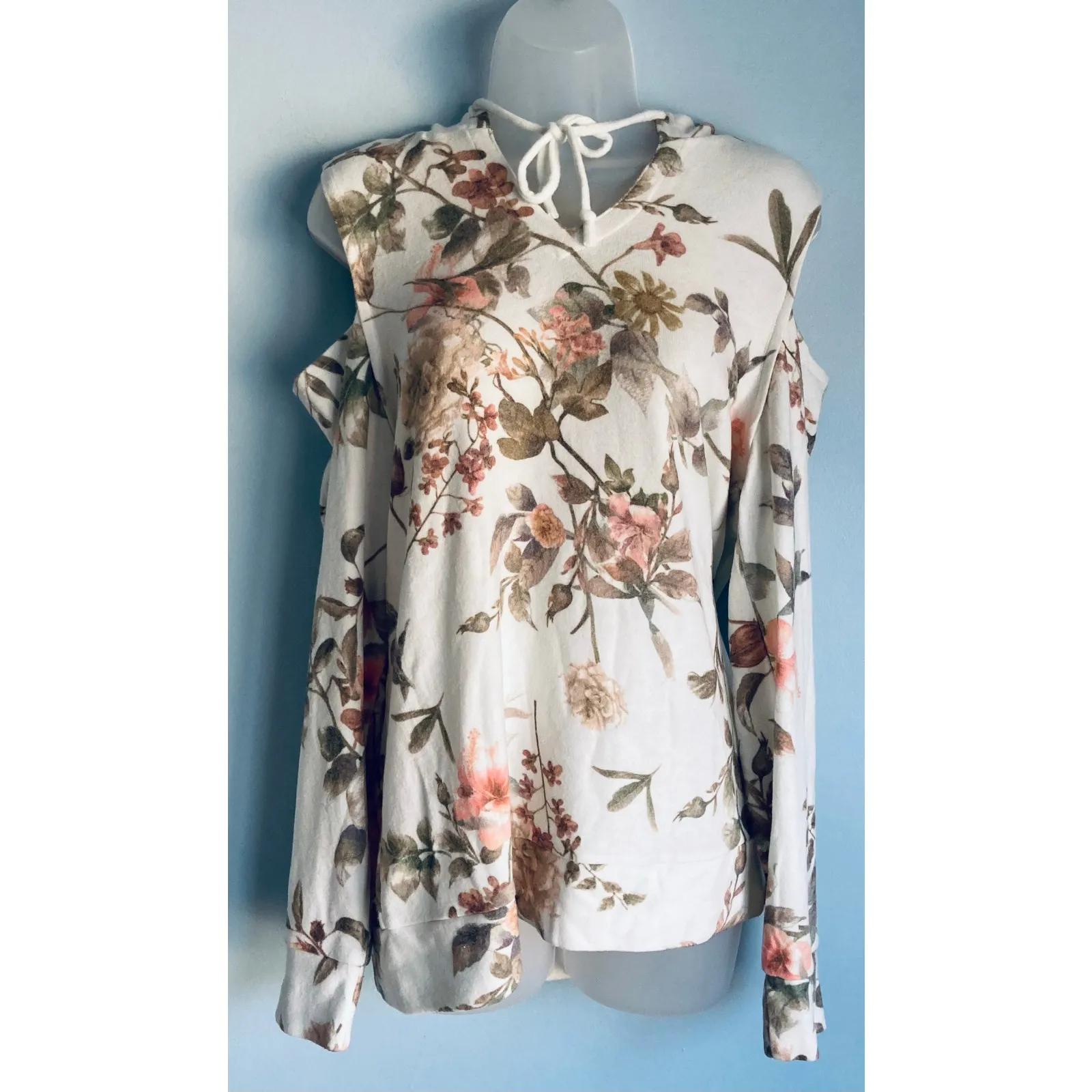 Chaser Hooded Sweater Cold Shoulder Floral Print Large - Image 4