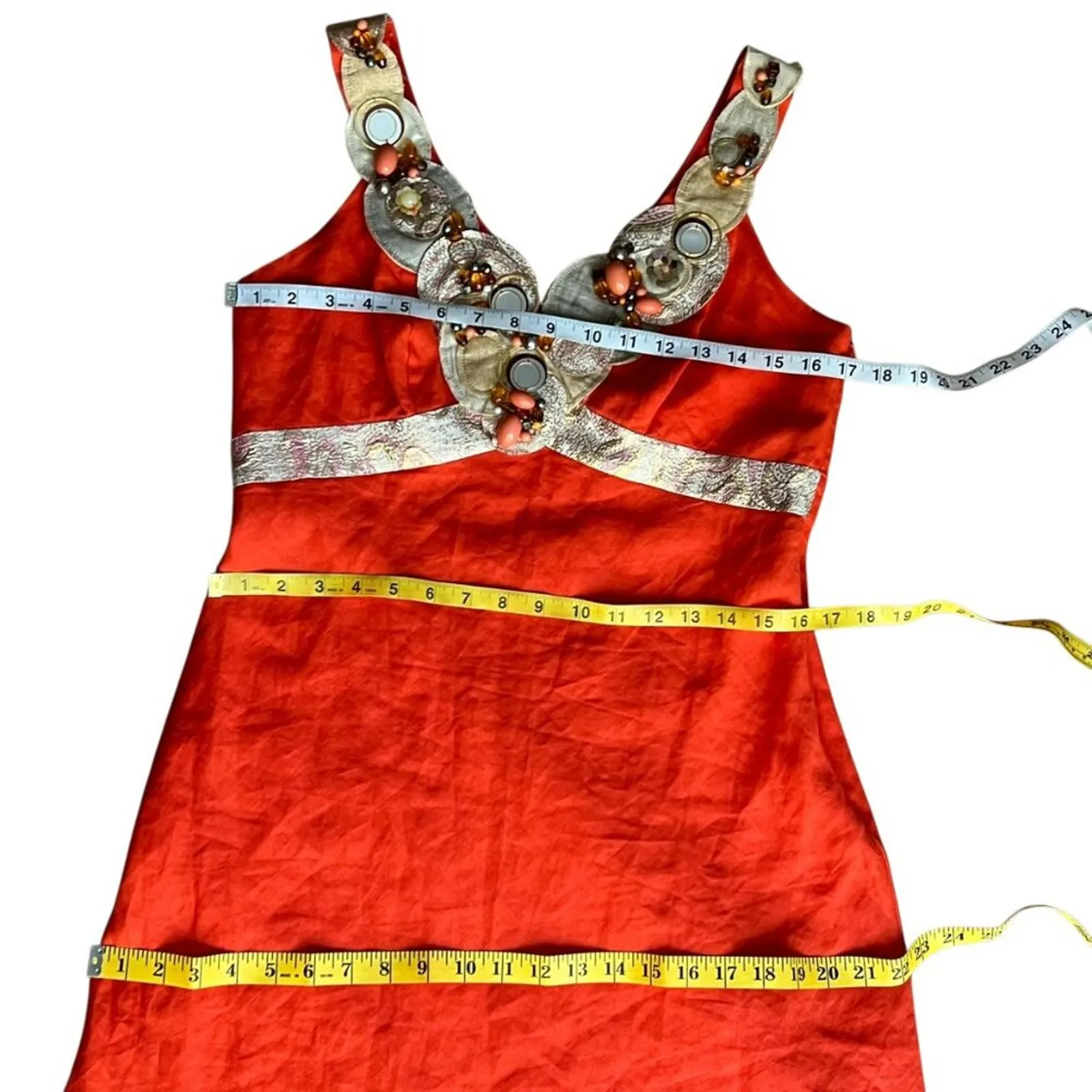 Vintage Medium Dress Y2K Cocktail Paris Beaded Linen Large Rene Derhy RARE Boho Orange - Image 15