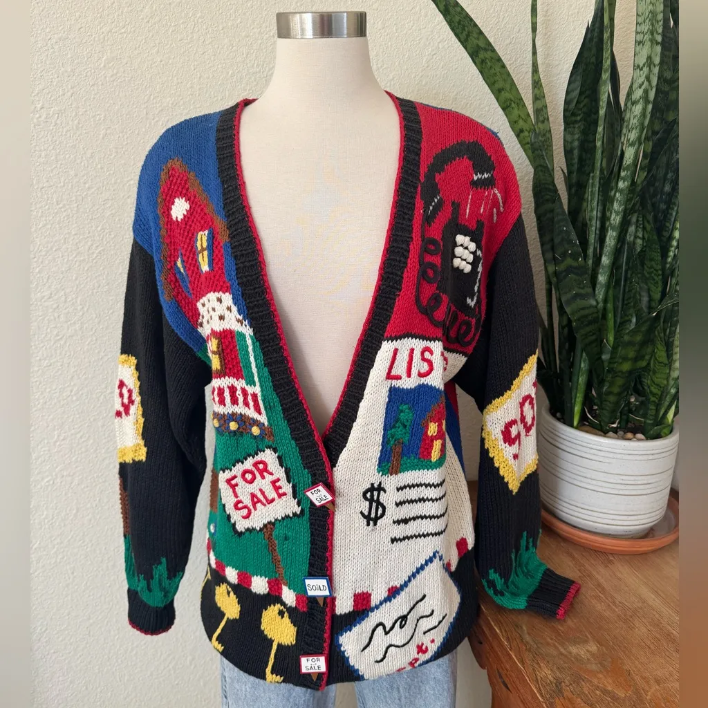 Vintage Belle Pointe Realtor Novelty Cardigan Sweater Ramie Cotton‎ Knit small Blue - Image 12
