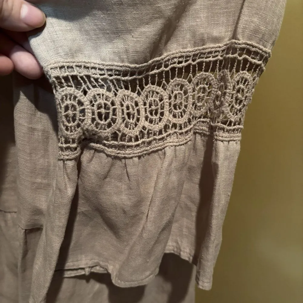 Terzo Millennio‎ 100% Linen tiered Beige Dress 3/4 Sleeve Medium Made in Italy Tan - Image 4