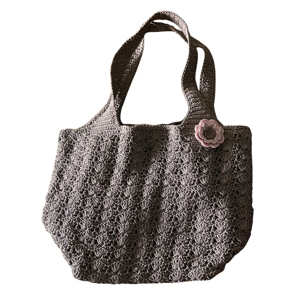 Y2K Brown Tan Knit Crochet Pink Flower Pin Large Shoulder Bag Tote Girlhoodcore - Image 4