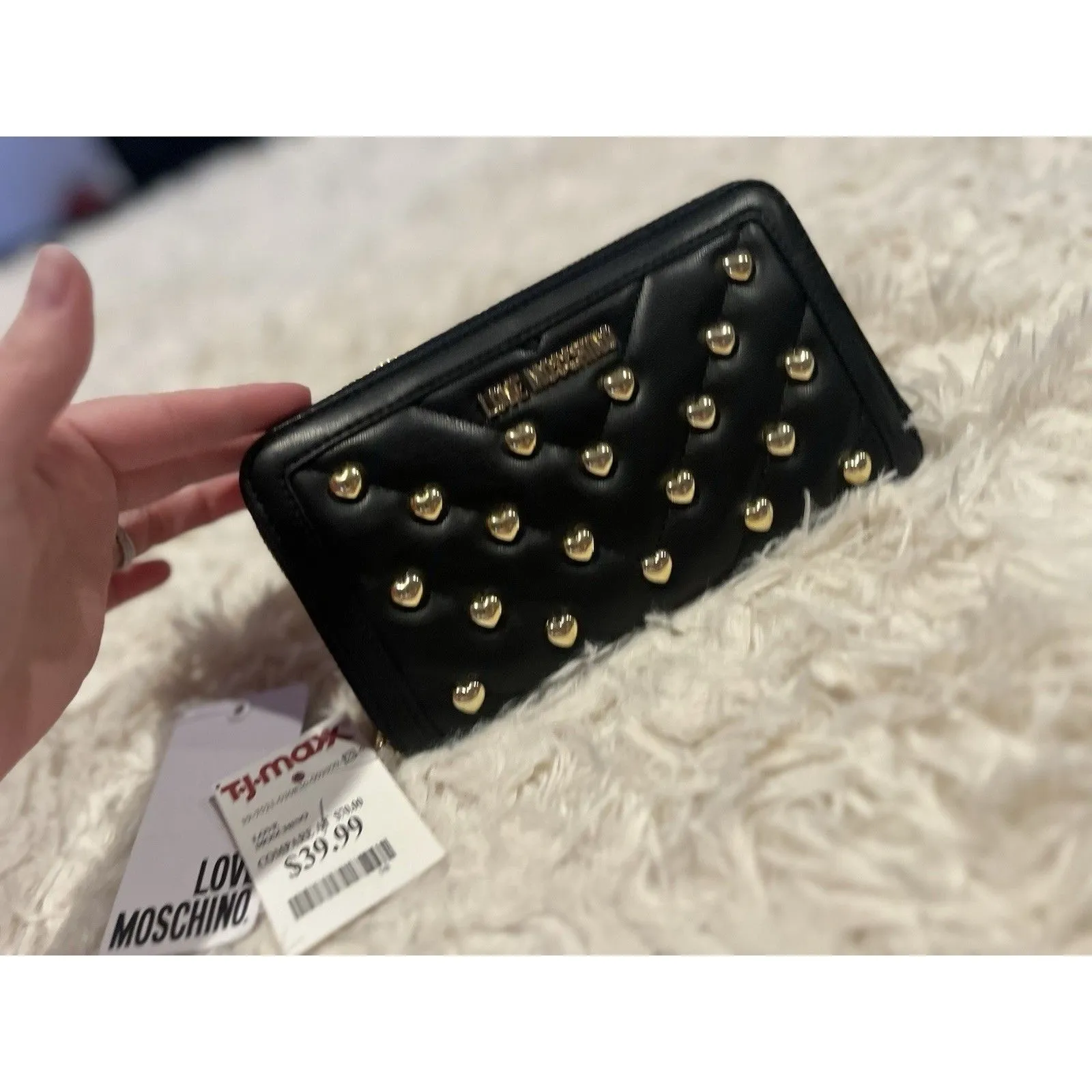LOVE MOSCHINO Black Vegan Leather Gold Heart Studded Full Zip Wallet Red Inside - Image 2