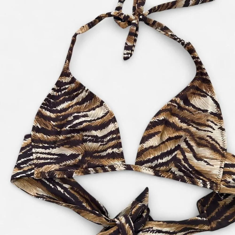 Y2K vintage 2000s cheetah animal print brown halter tie back bikini top small - Image 4