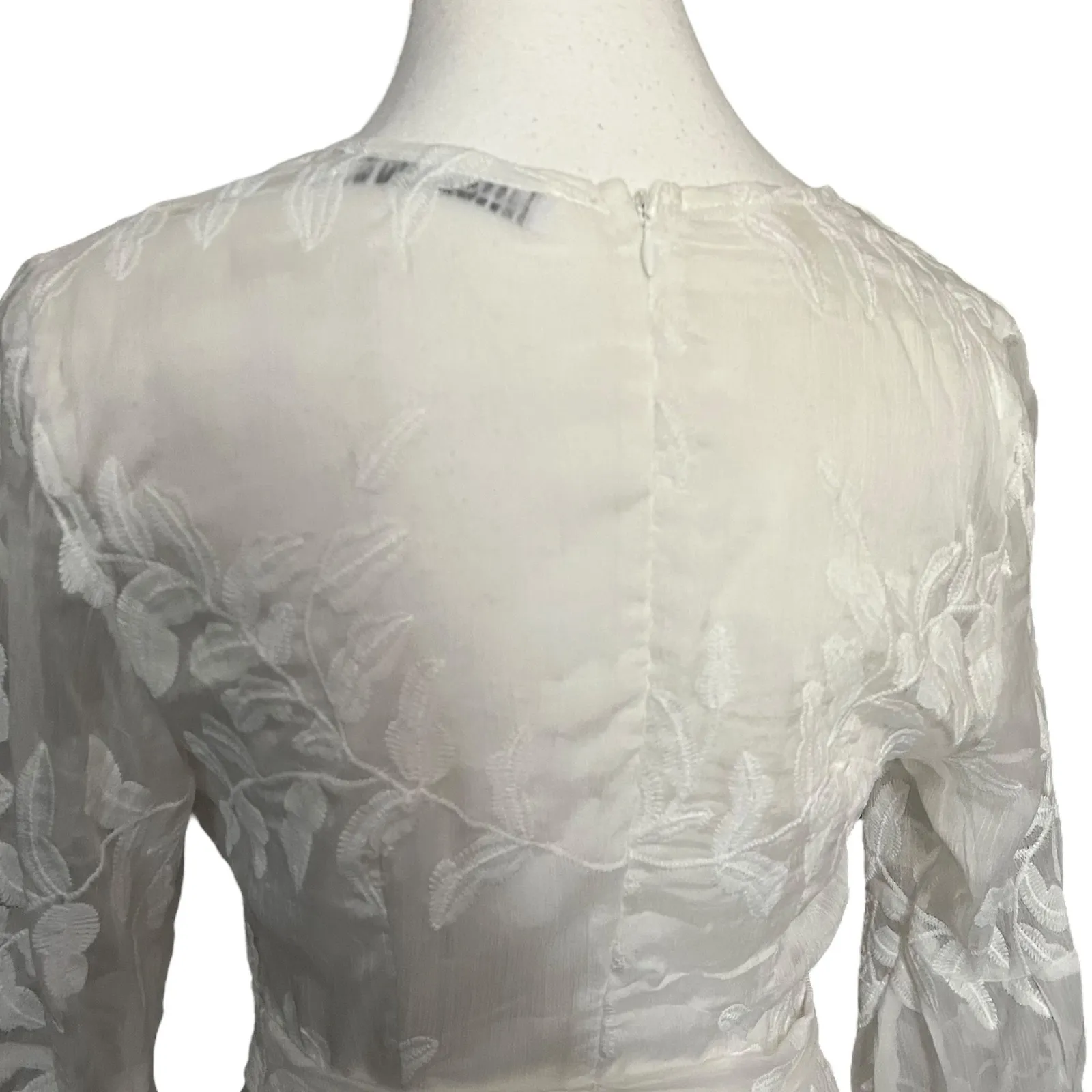 Hello Molly White Floral Embroidered Sheer Long Sleeve Ruffle Mini Dress Sz S‎ - Image 8