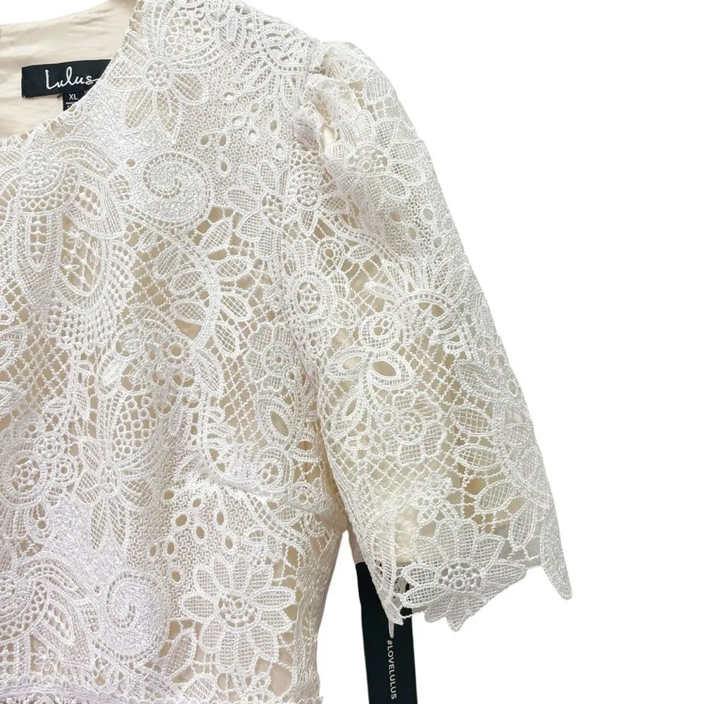 NWT Lulus Amore Off-White Crochet Lace Midi Dress Size XL Short Sleeve Wedding - Image 6
