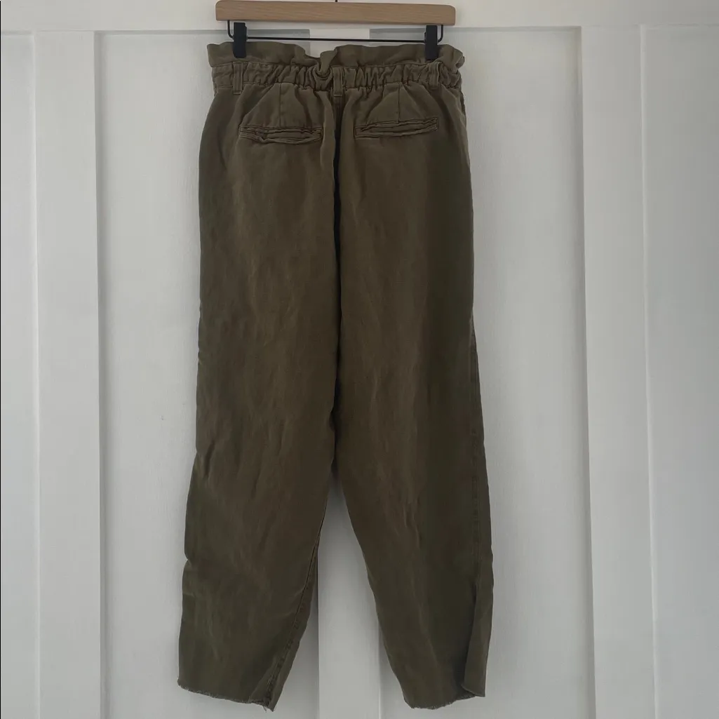 AERIE Linen Paper Bag Waist High Rise Pull On Pants Olive Green Size M - NO BELT - Image 4
