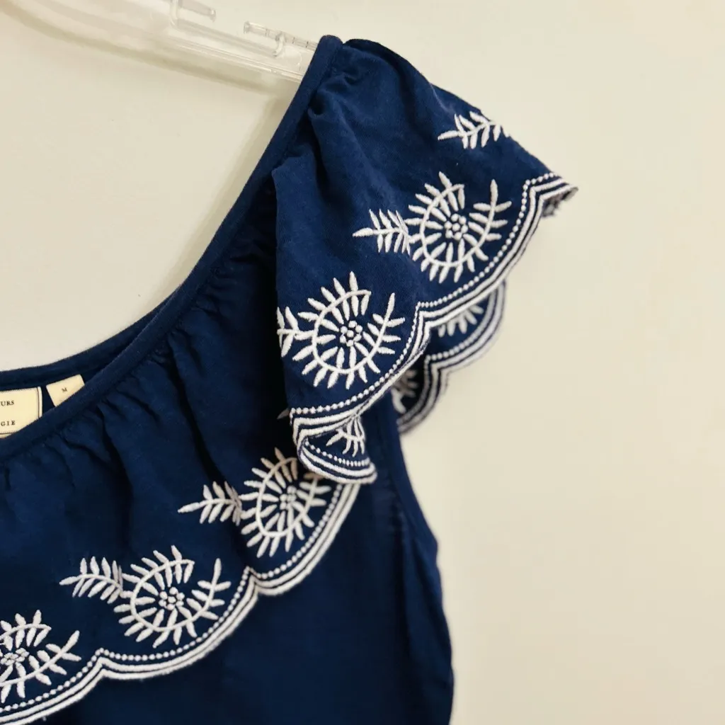 Moulinette Soeurs Midnight Blue Blouse with White Embroidery Size Medium - Image 5