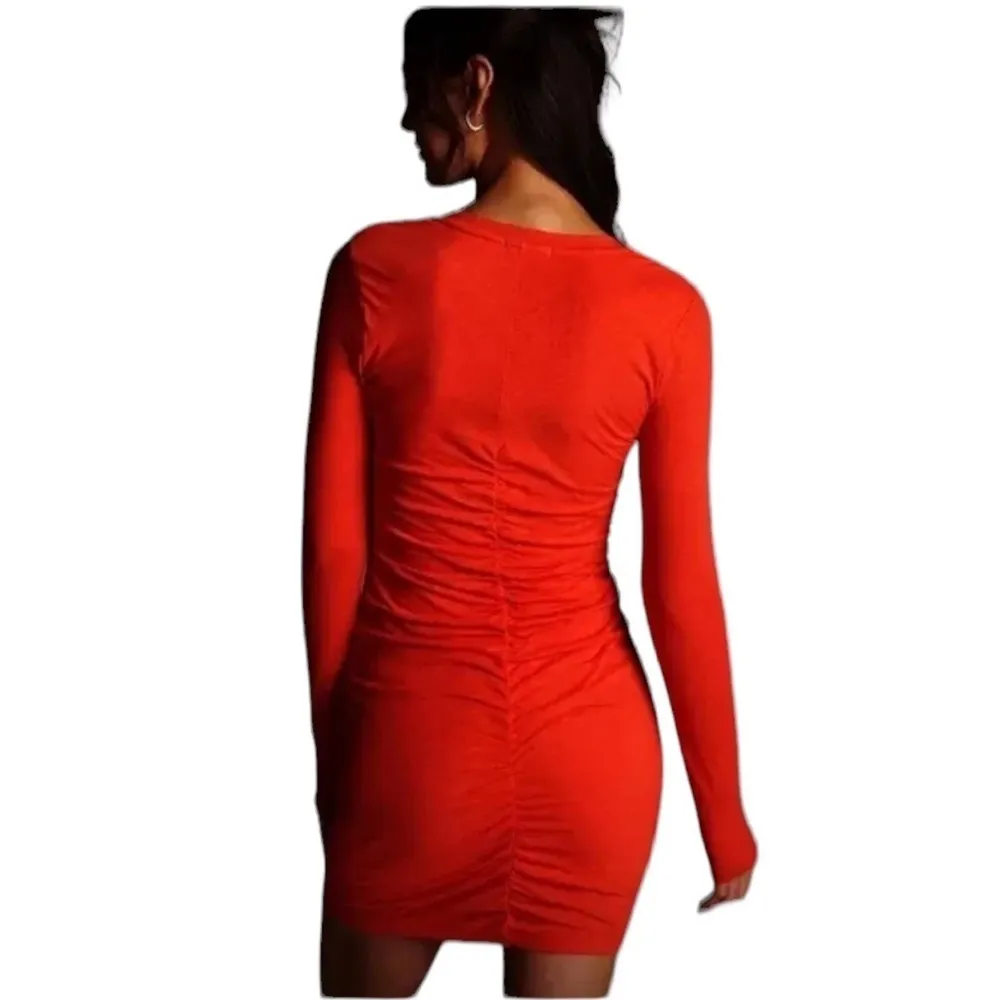 ANTHRO SUNDRY RUCHED BODYCON CORAL LONG SLEEVE DRESS 2 - Image 3