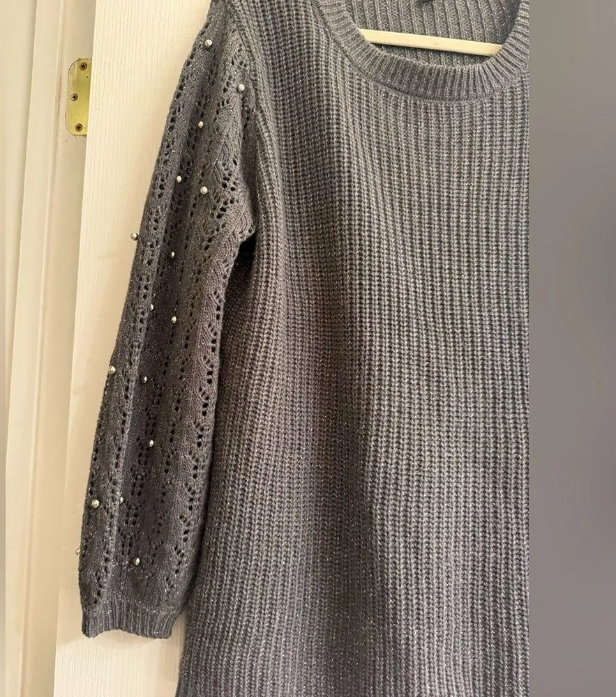 Lane Bryant Grey Metallic Beaded Knit Crochet Style Sleeve Sweater - size 14/16 - Image 4