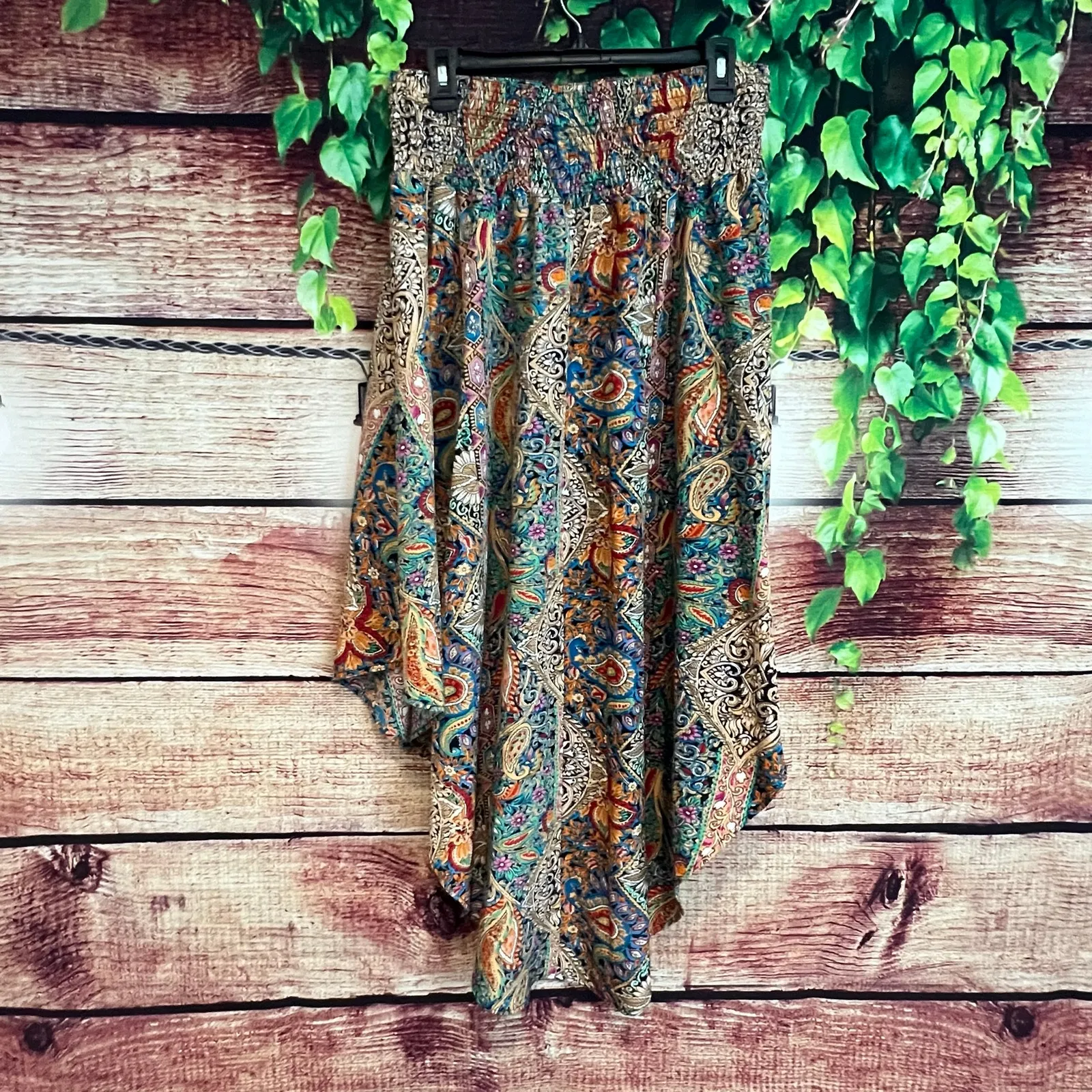 Paisley Midi Maxi Skirt M/L Boho High Waist Curved Hem Hi-Lo Smocked Flowy Swim - Image 6