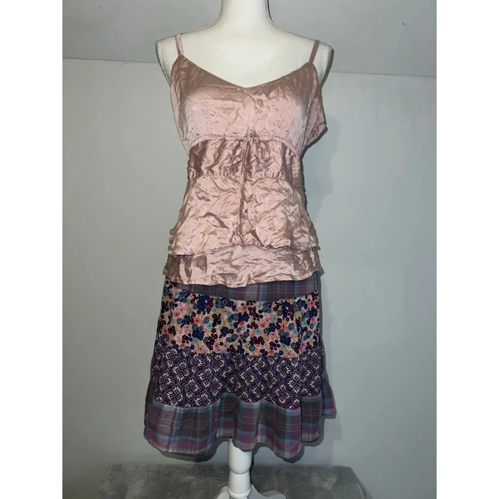 Women's Patchwork Purple Pink Plaid Floral Mini Skirt L Size L - Image 3