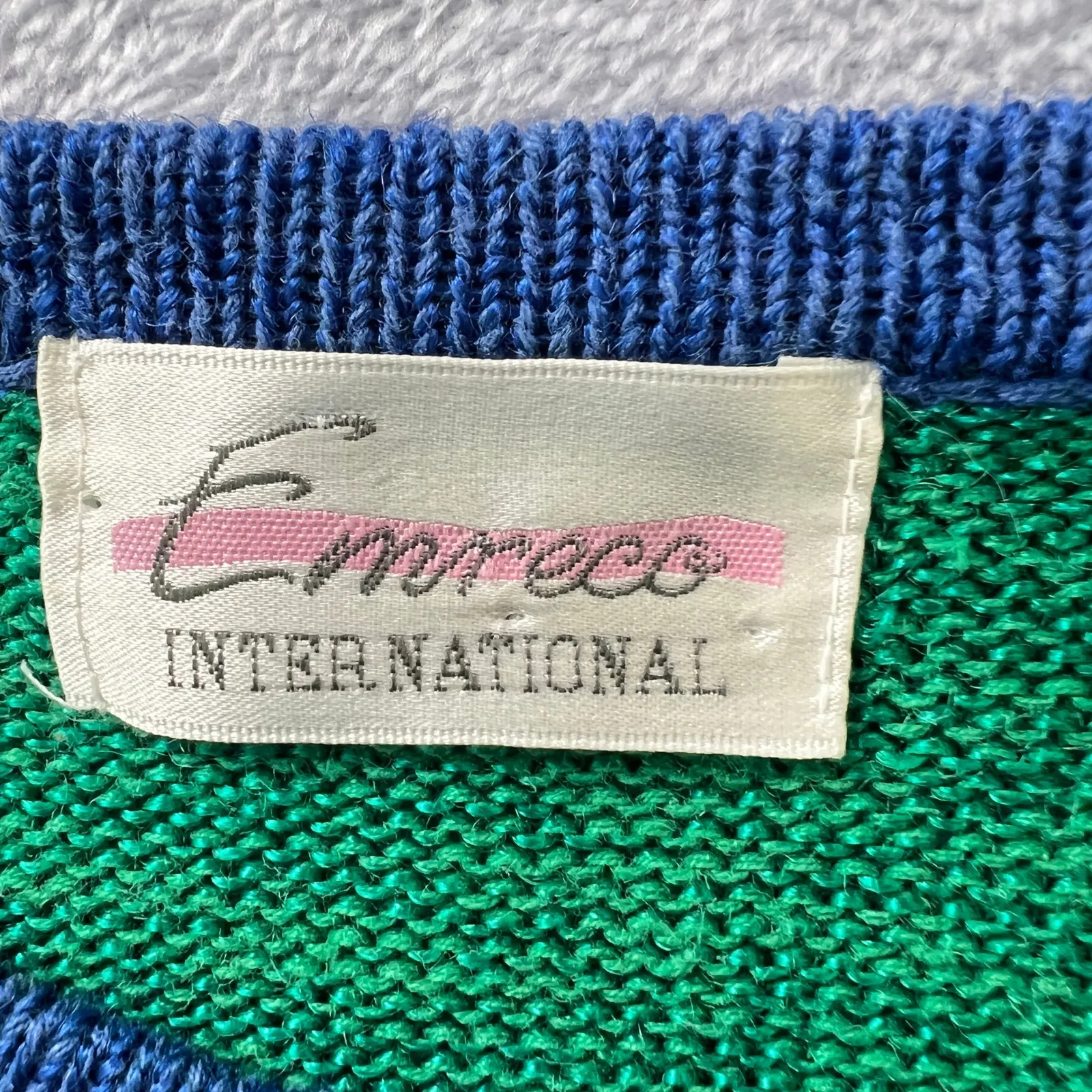 Vintage. Emcee Abstract Graphic Knit Sweater Womens 16 Blue Green 90s Era Retro Size M - Image 3