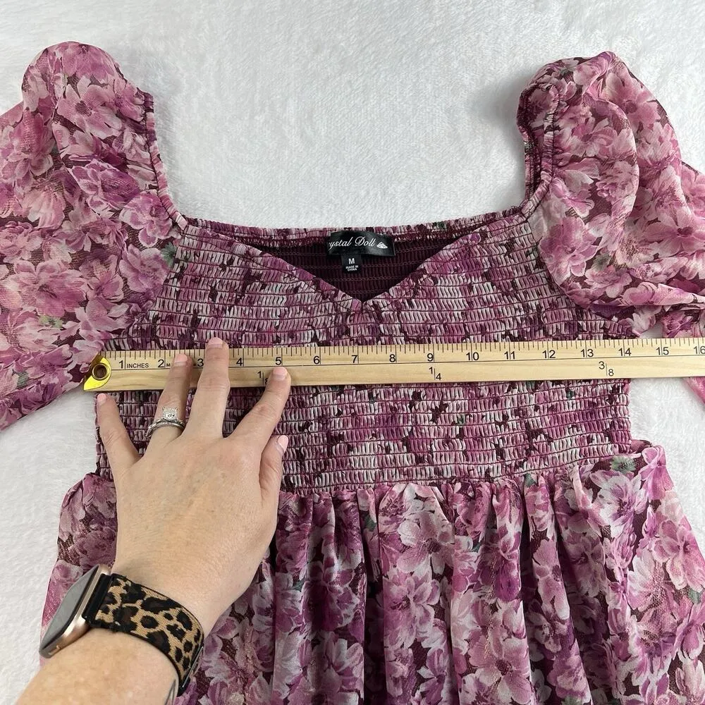 Crystal Doll Junior M Dress Milkmaid Sheer Smocked Pink Floral Print Tiered - Image 9
